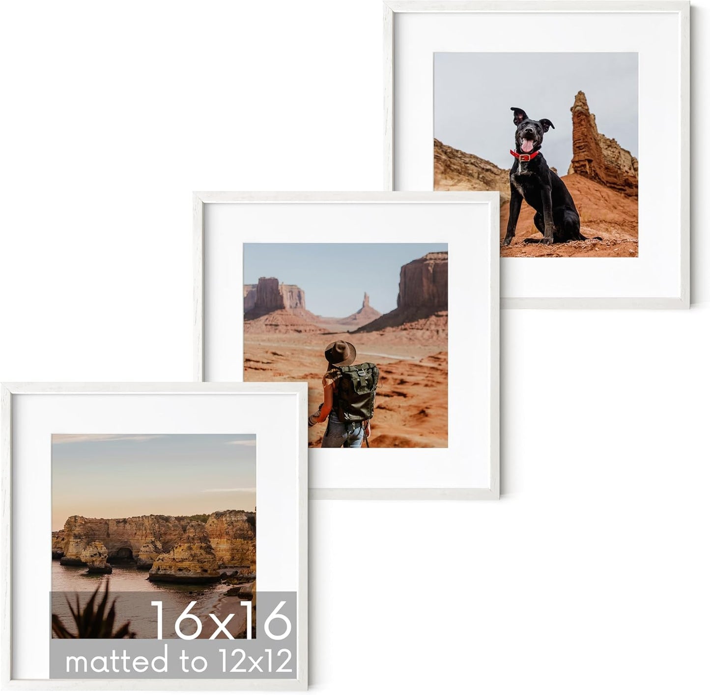 HAUS AND HUES Solid Oak Wood 16â€x16â€ Picture Frames Matted to 12â€x12â€ Set of 3-16x16 Square White-Poster Frames, Square Frames 16x16 for-Wall, White Wood Picture Frames, 16 x 16 Matted White Frames