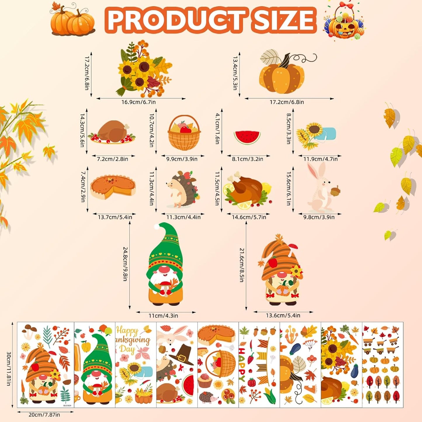 Bloss Fall Window Clings for Glass Windows,9 Sheets 153Pcs Thanksgiving Pumpkin Fall Windows Stickers Decals for Kids, Autumn Window Clings for Fall Decorations,Gnome Windows Cling for Autumn Decor