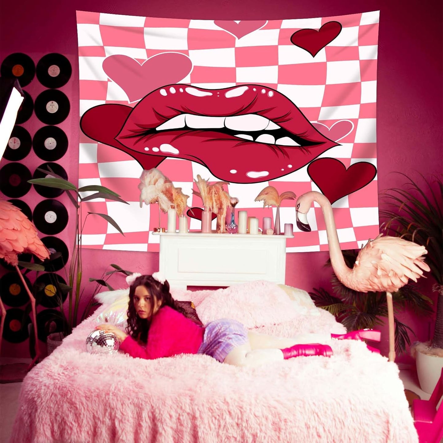 dueeia Sexy Red Lip Tapestry Wall Hanging Y2k Preppy Pink Retro Coquette Women Tapestries for Girls Bedroom Living Room Dorm Wall Decor (59.1"x39.4")