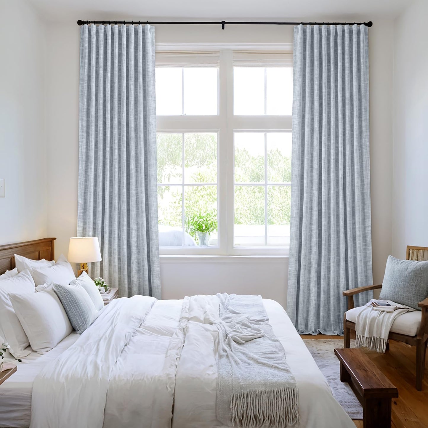 MIULEE Light Blue 100% Blackout Linen Curtains 96 Inch 2 Panels Set Double Sided No Coating Pinch Pleated Back Tab Floor to Ceiling Black Out Thermal Insulated Bedroom Living Room Darkening Drapes