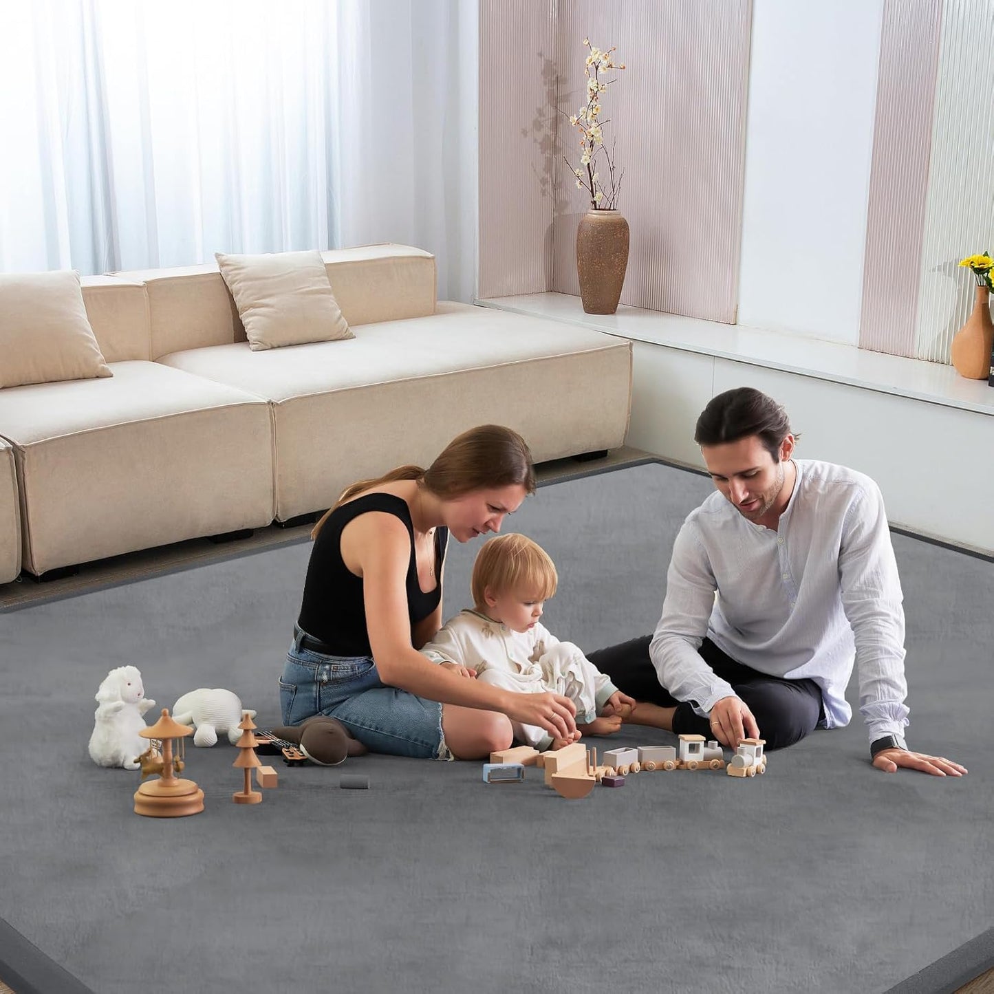 Baby Play Mat for Floor Tummy Time Nursery Rug Muscle Mat Area Rug Playroom Tatami 50 * 50" Memory Foam 1.3" Thick Crawling For Babies,Toddlers, Infants, Kids,Floor Mat(Grey)