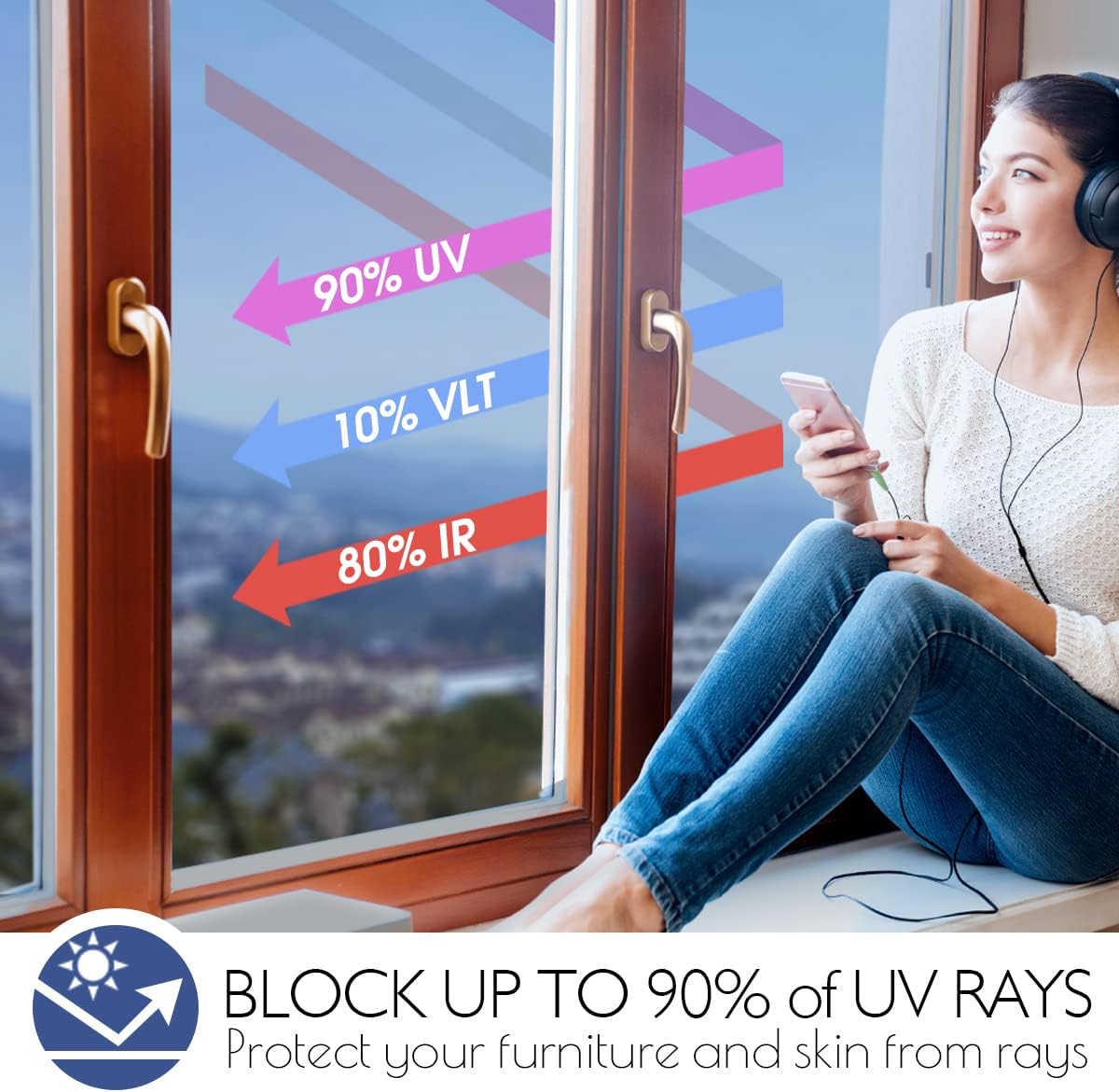 HIDBEA One Way Privacy Window Film, Daytime Mirror Reflective Heat Control UV Sun Blocking Non-Adhesive Static Cling Window Tint for Home and Office (Blue-Silver, 29.5 Inch x 6.5 Feet)