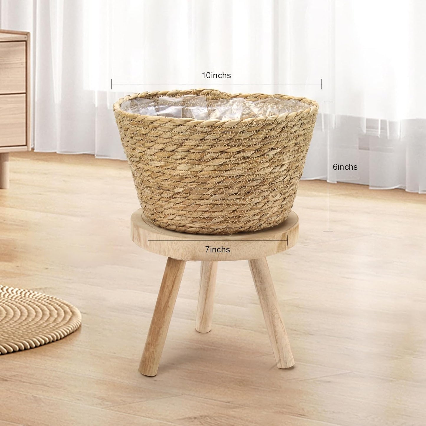 Athaliah Plant Basket Set of 3, Indoor Woven Planter Baskets with Plastic Liner, Water Hyacinth and Corn Husk Decorative Pots for Rustic Home & Floor Plant Decor (Natural Color-3)