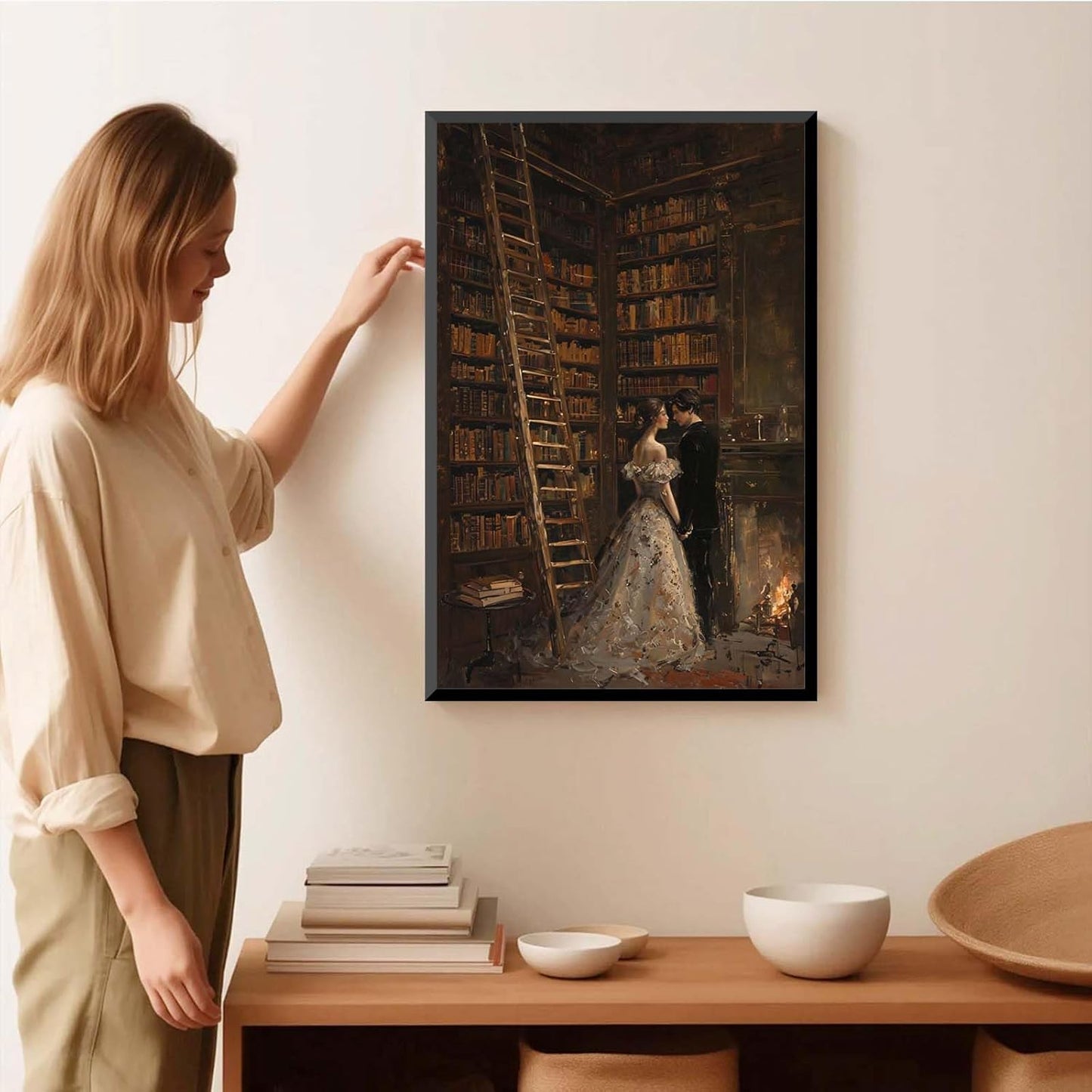 JFHCQJPK Gothic retro library scene decoration melancholy calm art college style wall aesthetic antique style home decoration suitable for bedroom living room12x16in Metal blackFramed
