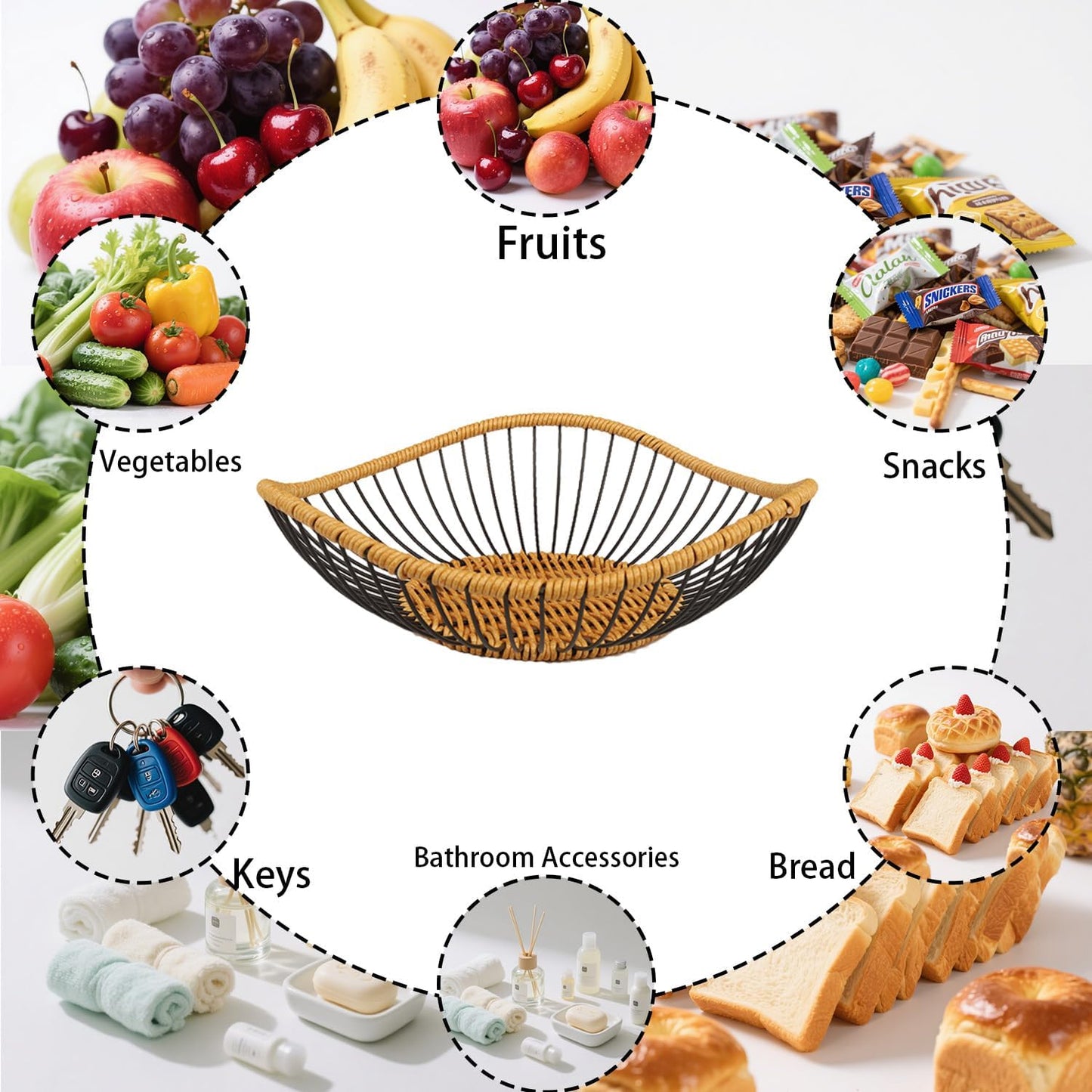 Vine Woven Iron Fruit Bowl, Metal Wire Fruit Basket, Vegetable Drain Basket, Storage Baskets for kitchen counter, countertop,Snacks, Candy, Bread,Cosmetics,Table decorative(10 x 2.95 Inches)