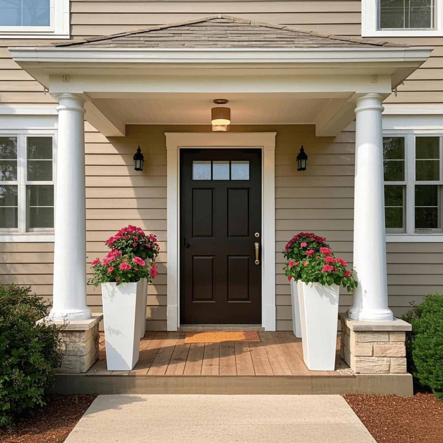 GreenShip 27" Tall Planters, Set of 2 – Black Outdoor Planter for Front Porch & Tall Plants, Weather-Resistant, with Drainage Hole & Rubber Plug (No Plants Included) (White-2pcs)