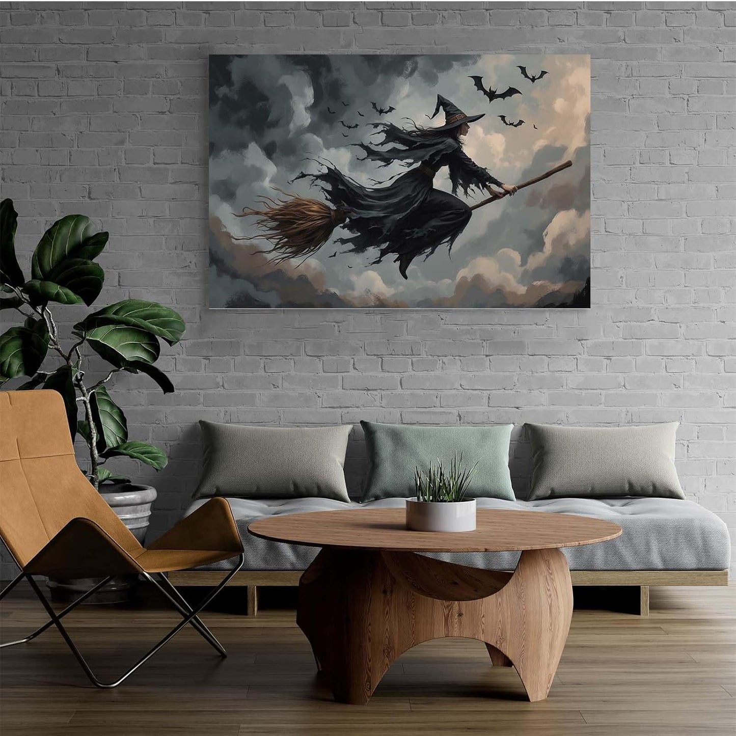 JFHCQJPK Witch and bat flying Halloween poster suitable for home party wall decoration retro Halloween preppy style wall art canvas print suitable for room decoration24x36in Frameless