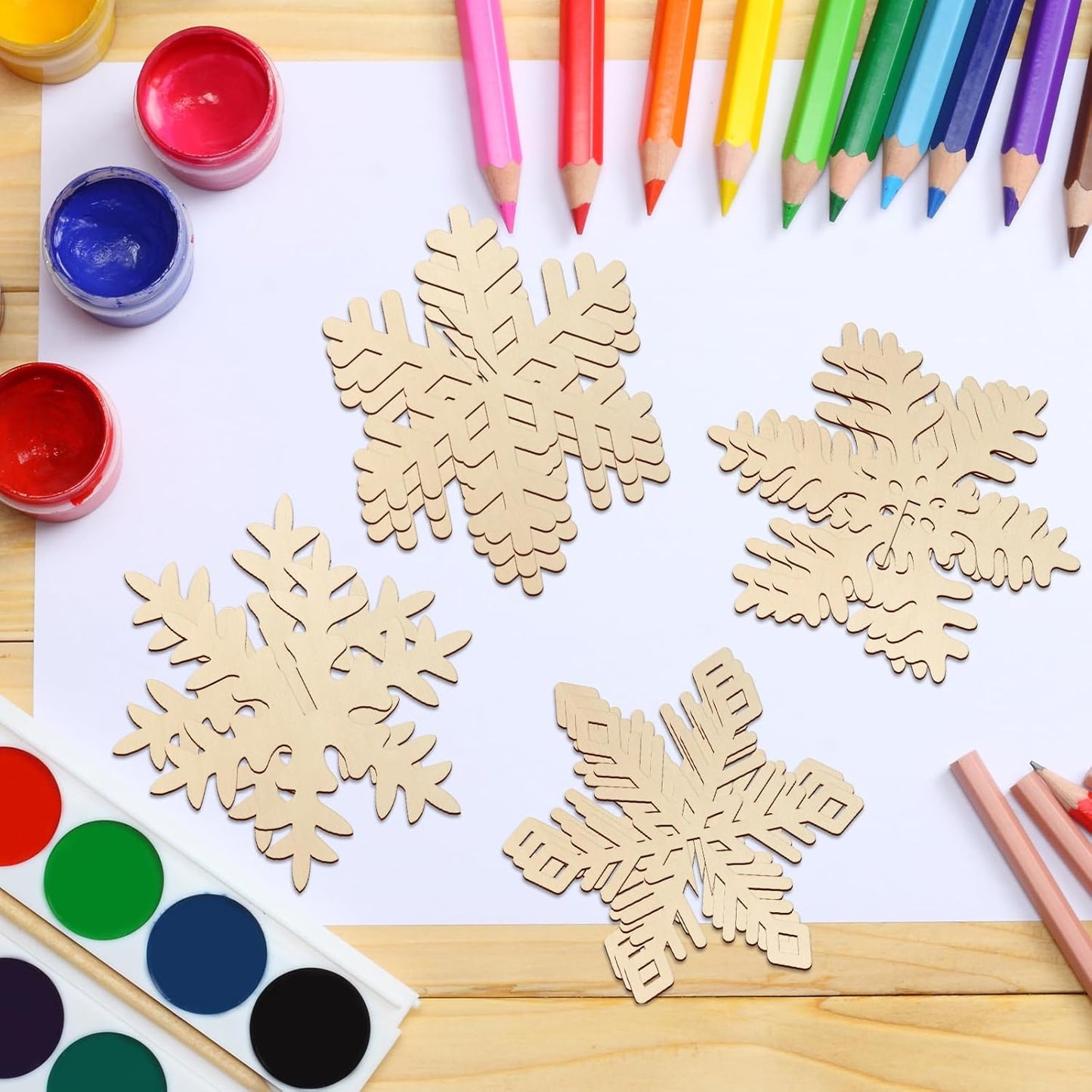 COCHIE DIY 3D Snowflake Wood Crafts to Paint for Kids Adults, Paintable Unfinished Wooden Slices for Craft, Winter Snowflakes Cutouts Ornaments for Painting Decorations (24 PCS)