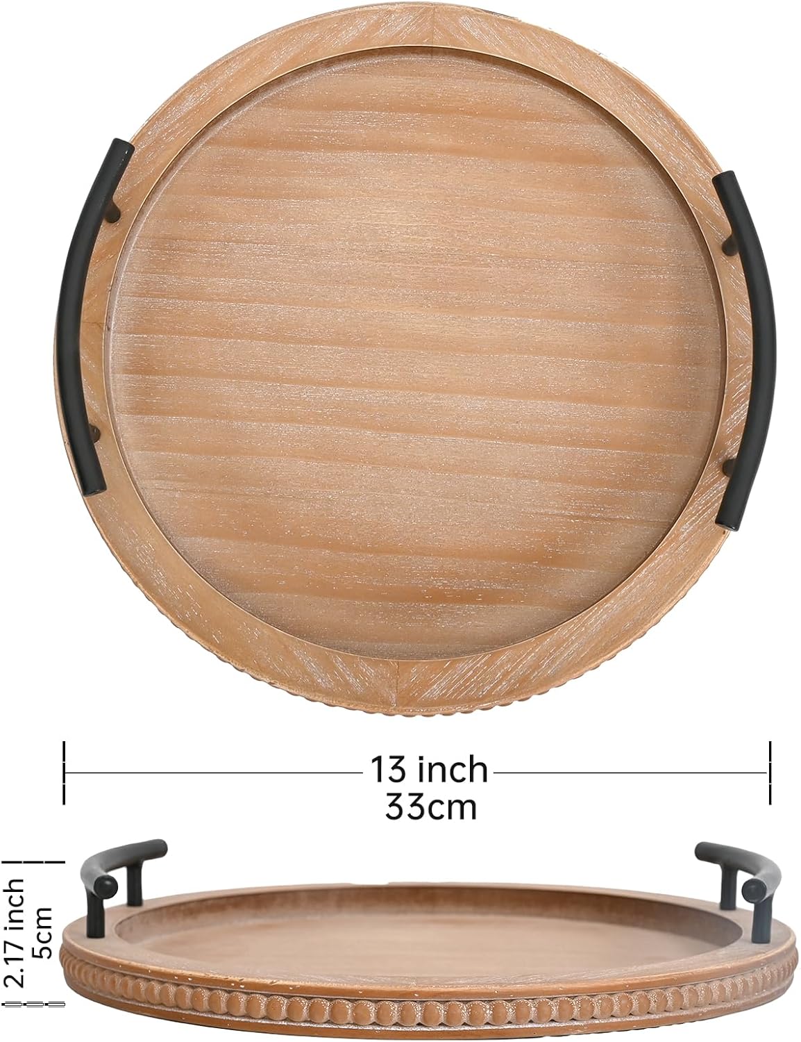 SwallowLiving Brown Wooden Beaded Serving Tray with Handle Decorative Rustic Tray for Coffee Table Farmhouse Round Tray for Kitchen, Living Room and Bedroom