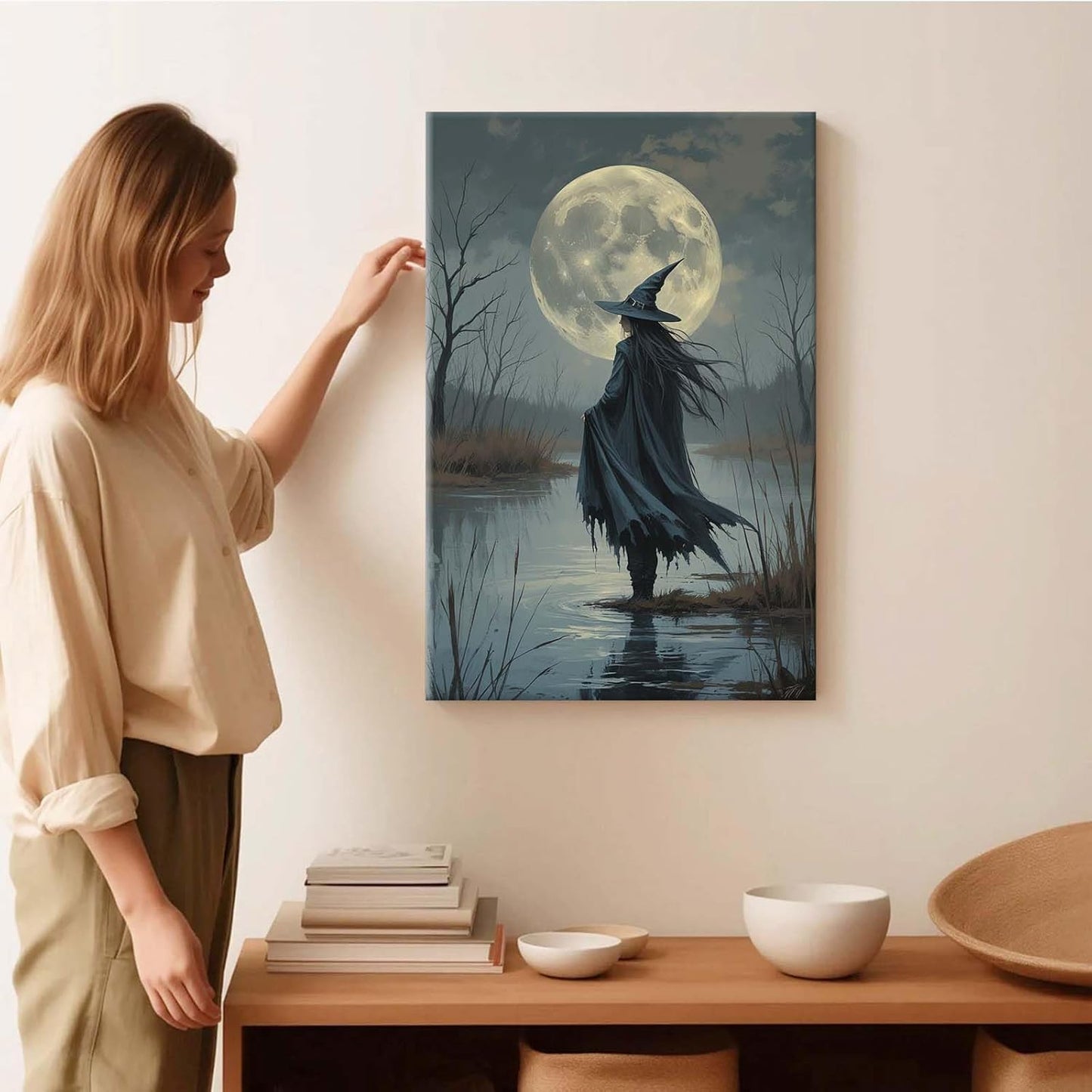 JFHCQJPK Witch in the moonlight magic canvas wall art enchanting Halloween home decor swamp witch silhouette oil painting mysterious gothic aesthetic wall decor print poster12x16in Frameless