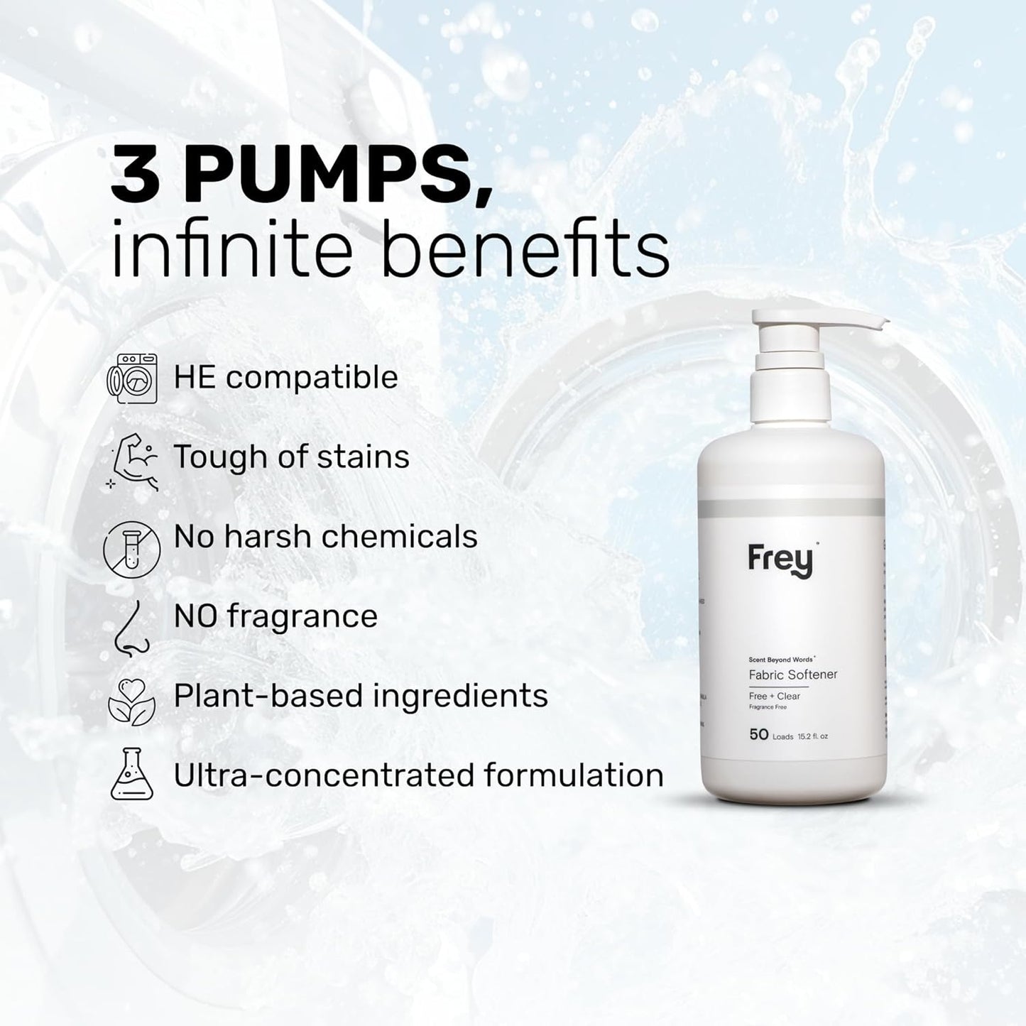 FREY Concentrated Liquid Laundry Detergent | Formulated for Sensitive Skin & HE Washers | Removes Stains Effectively | 50 Loads per Bottle (1-pack Unscented)