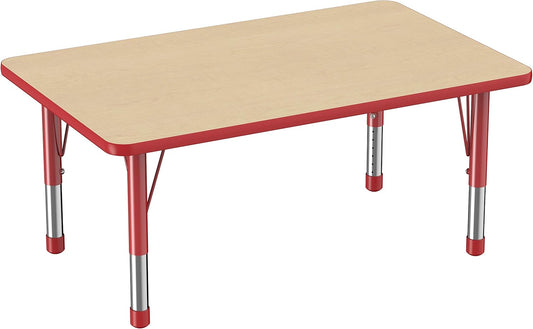 FDP Rectangle Activity School and Classroom Kids Table (30 x 48 inch), Chunky Toddler Legs, Adjustable Height 15-24 inches - Maple Top and Red Edge