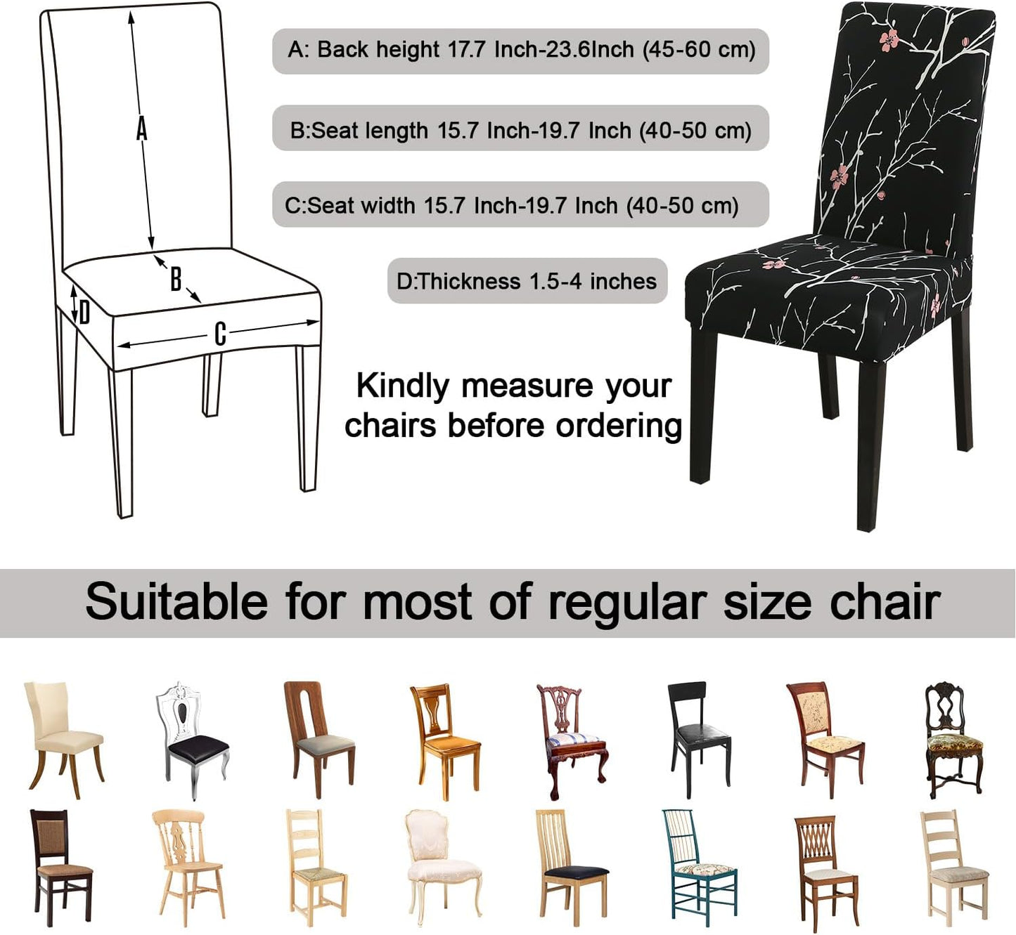 JQinHome Pattern Chair Covers for Dining Room Set of 4, High Stretch Removable Washable Parsons Chair Slipcover for Home Party Hotel Wedding Ceremony (Flourish Black,4PCS)