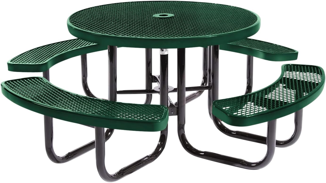 Coated Outdoor Furniture Heavy-Duty Portable Outdoor Picnic Table with Umbrella Hole, Expanded Metal Commercial-Grade Patio Dining Furniture Made in America (46" Round Top, Textured Green)