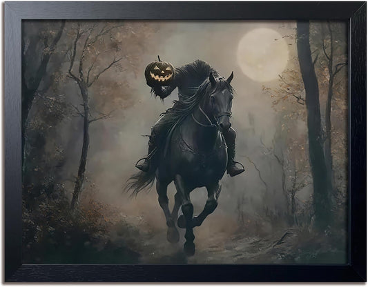 Black Wood Framed Halloween Canvas Wall Art Painting, Headless knight holding a pumpkin lantern Wall Decor, Vintage Dark Academia Gothic Poster Print, for Living Room Bedroom Office Decor 8x10 Inch