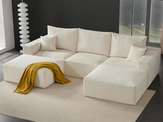 Boneless Sectional Cloud Couch Sofa for Living Room, 112" U-Shaped Modular Modern Lounge Sleeper Beige Couches with Chaise, No Assemble, Cordury Compression Upholstered Sofas