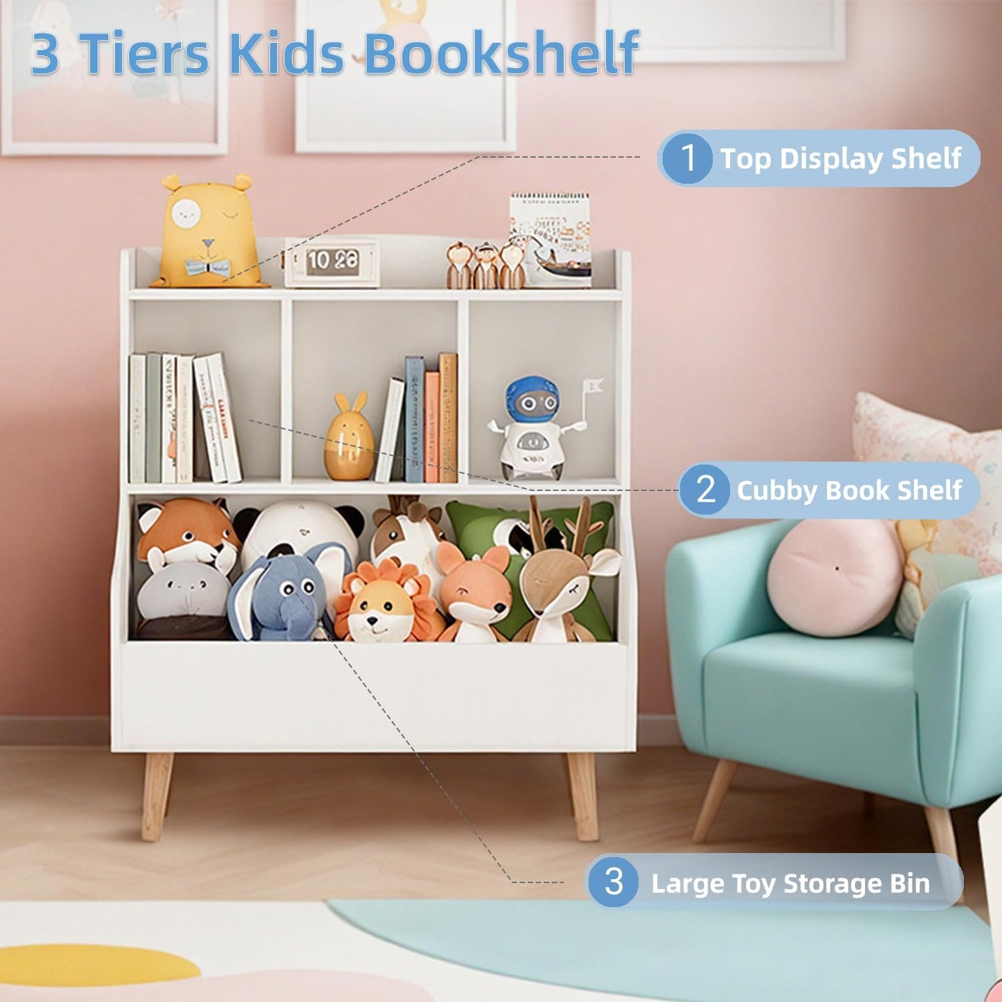 Kids Bookshelf and Toy Storage, 4-Cubby Toy Storage Organizer with Bookcase, Wood Kid Storage Cubby, 24"L x 14"D x 28"H Montessori Toy Shelf, Toddler Book Shelf for Kids Room Nursery Playroom