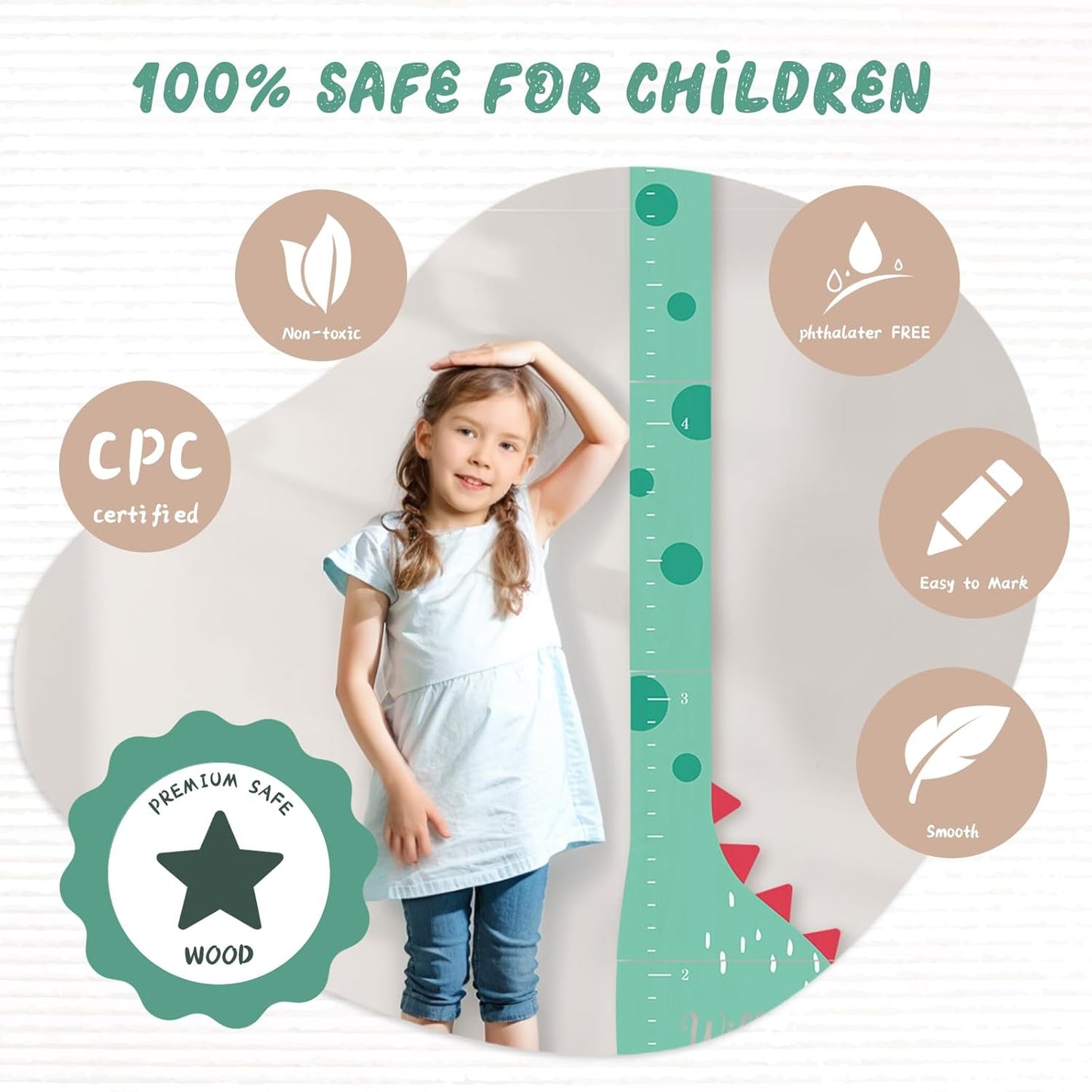 Personalized Name Growth Chart, Dinosaur Wooden Height Chart, Thick Height Measuring Board, Kids Height Tracker for Nursery Decor, Baby Boy Girl Measurement Ruler, Growth Charts Ruler