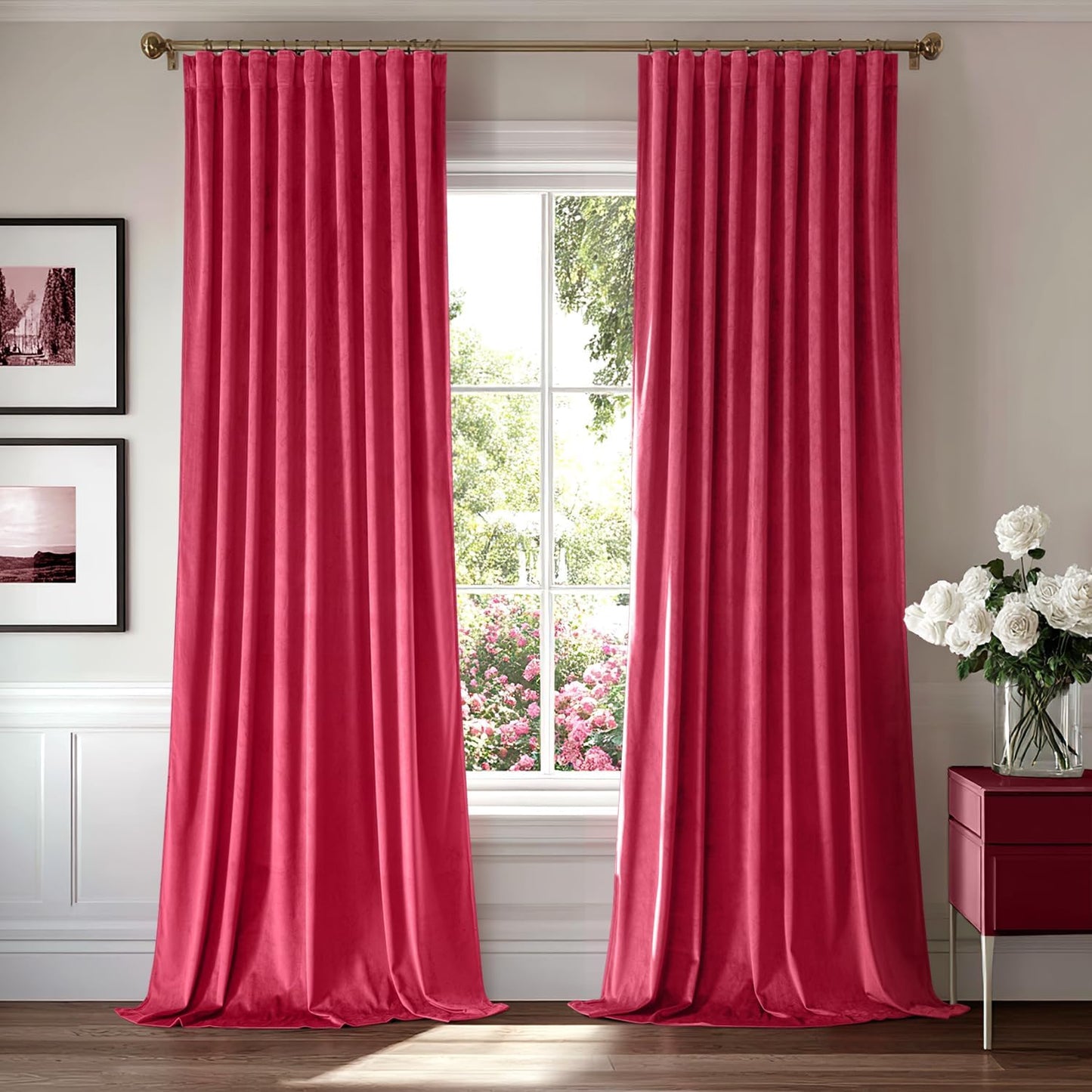 MIULEE Hot Pink Velvet Curtains 108 inches 2 Panels - Luxury Room Darkening Window Drapes for Bedroom Living Room Thermal Insulated Super Soft Blackout Extra Long, Back Tab Rod Pocket Pinch Pleated