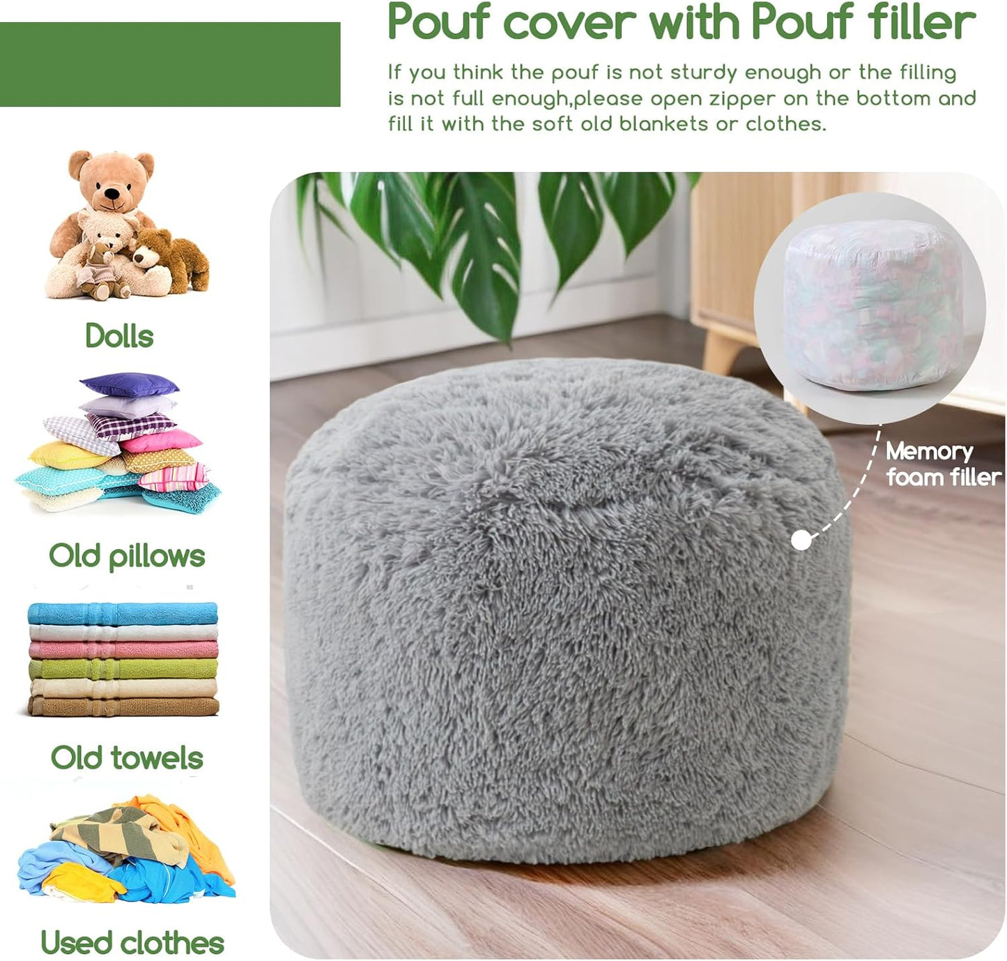HIGOGOGO Round Stuffed Pouf Ottoman, Long Faux Fur Poufs with Foam Chunk Filling, Fluffy and Furry Pouf Foot Stool Storage Ottoman, 20 X 15 Floor Poufs Foot Rest for Living Room, Grey