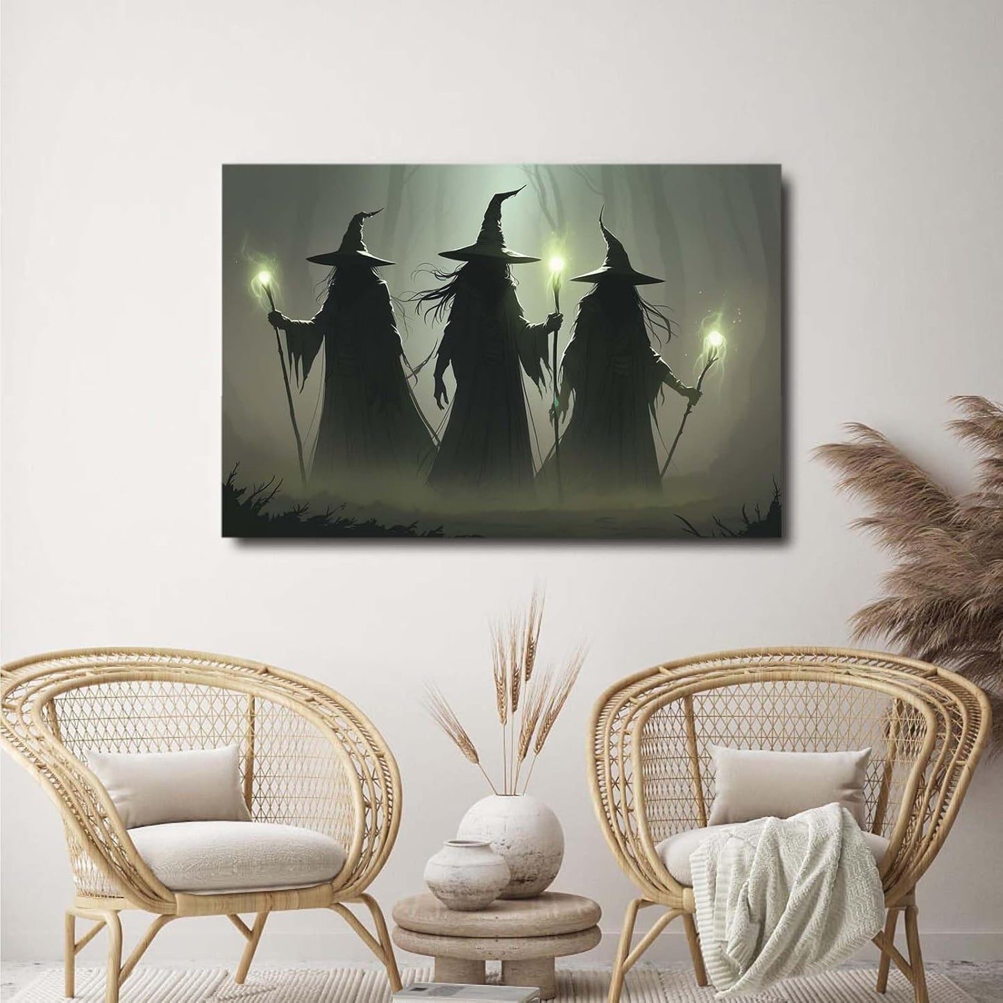 JFHCQJPK Vintage 3 witches canvas wall decor melancholy dark Halloween poster wall decor holding a staff print Gothic horror Halloween painting print for living room bedroom12x16in Frameless