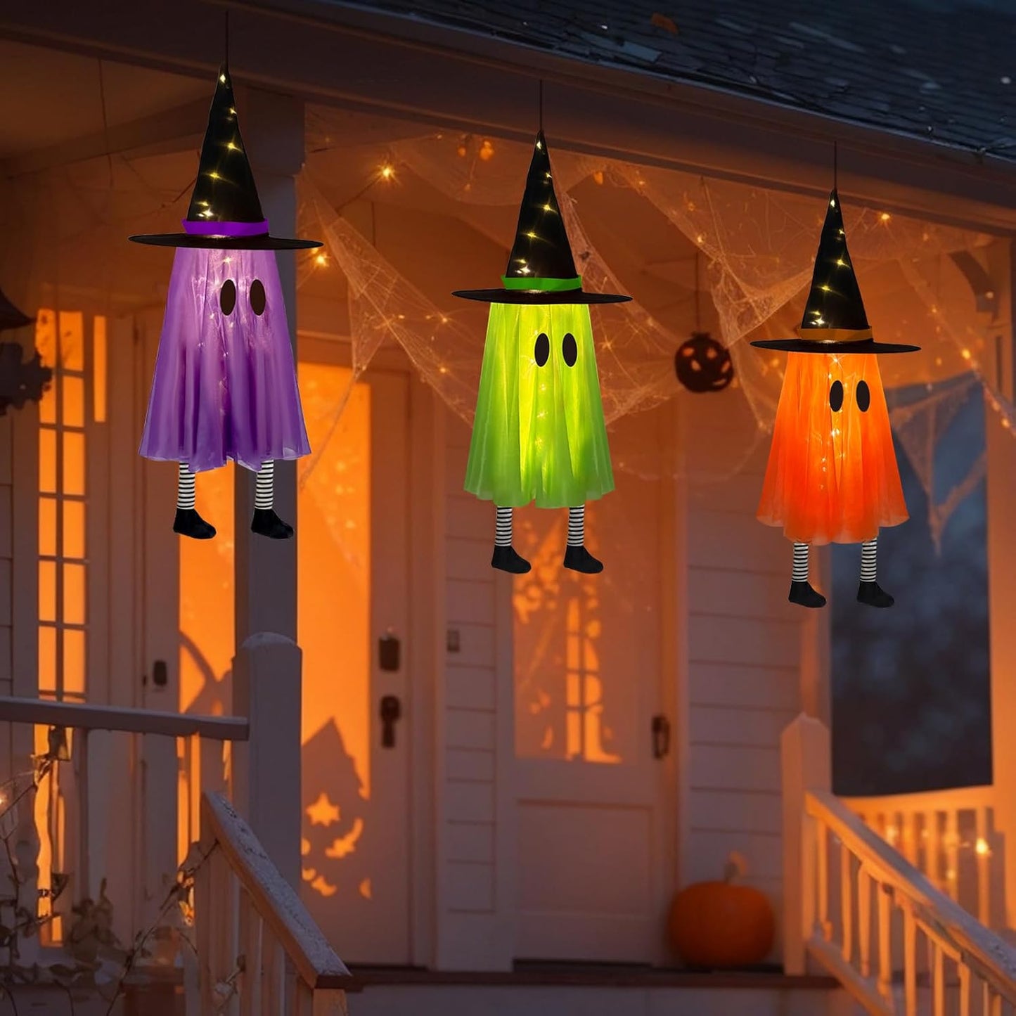 DAZONGE Halloween Decorations Outdoor, 3 Packs Hanging Ghost Halloween Decor with String Lights Battery Operated, Ghost Decor with with Hat for Home Yard Porch