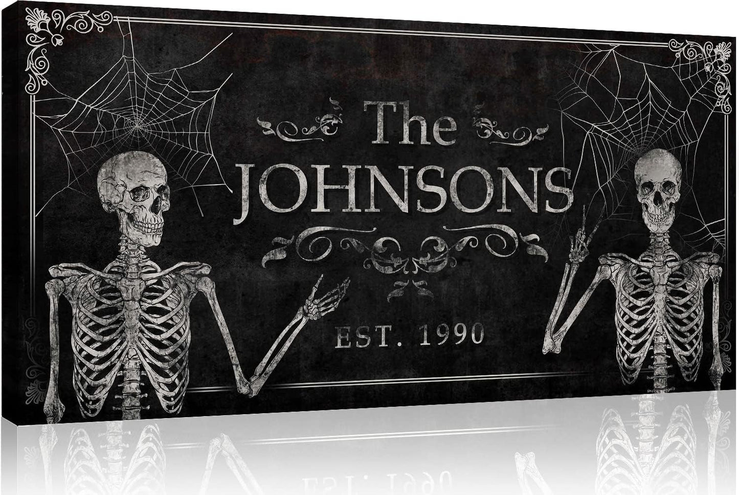 Tailored Canvases Gothic Family Wall Decor - Personalized Grunge Vintage Skeleton Room Decor for Home, Halloween Lovers, Men & Women for Bedroom, Living Room - Custom Couple Name, White Print, 60"x30"