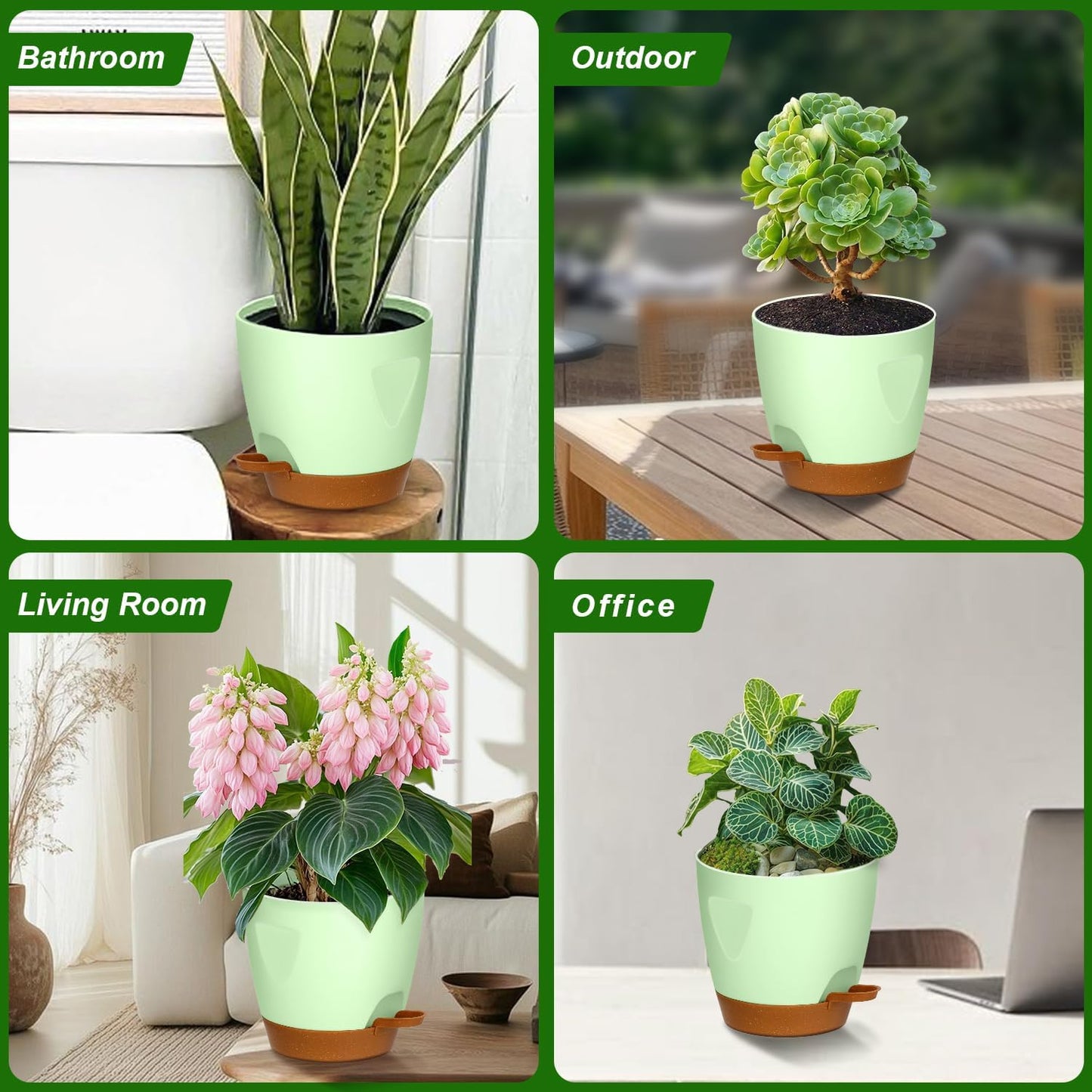 Uneed Indoor Self Watering Planters with Drainage Holes and Saucers, 7/6.5/6/5.5/5 Inch-5 Pots,for Indoor Plants, Herbs, Succulents-Green