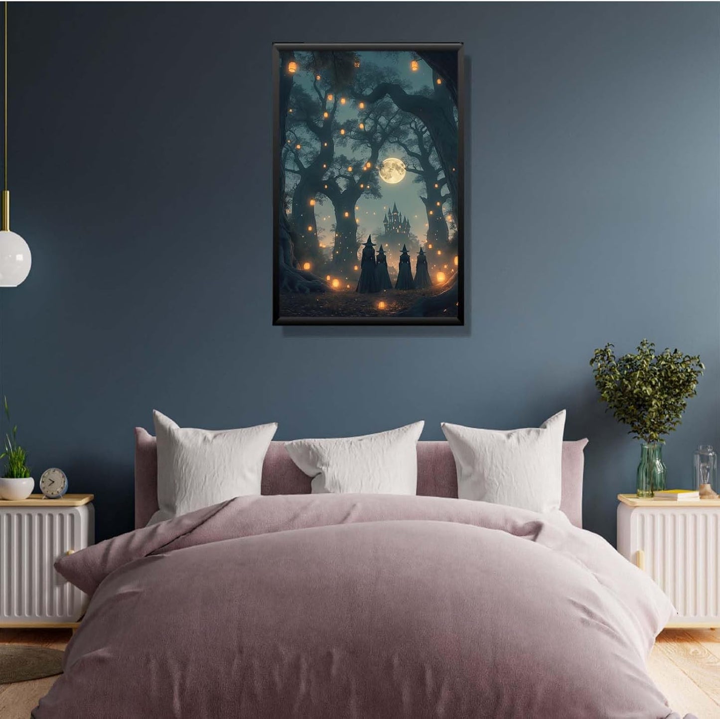 JFHCQJPK Mysterious creek painting witch and castle in magic forest art print canvas gothic print dark college decoration poster for home bedroom16x24in Metal blackFramed