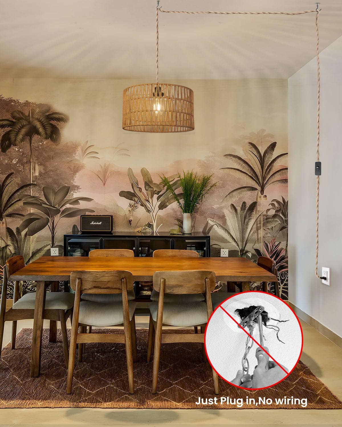 12.6 Inch Boho Hanging Light with Plug in Cord Rattan Hanging Lamp Hand Woven Rattan Wall Lightfor Bedroom, Living Room, Kitchen, Nursery, E26 Base, Indoor,Without Bulb