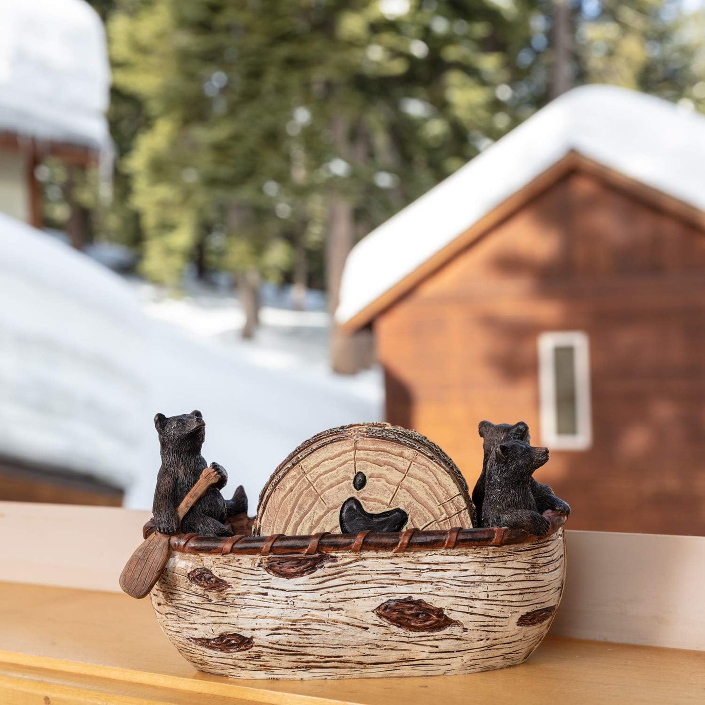 Bear Coasters Set of 6 Full Size Rustic Coasters in Handmade Canoe with Adorable Black Bear Figurines | Black Bear Log Cabin Decorations, Rustic Lodge Decor for The Home