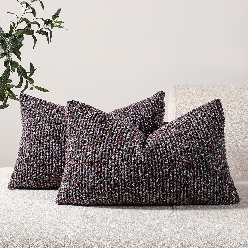 Striped Throw Pillow Covers 12x20 Set of 2 Colorful Purple Textured Boucle Chic Morden Boho Accent Farmhouse Rectangular Lumbar Decorative Couch Pillow Covers for Home Decor Bed Sofa Living Room