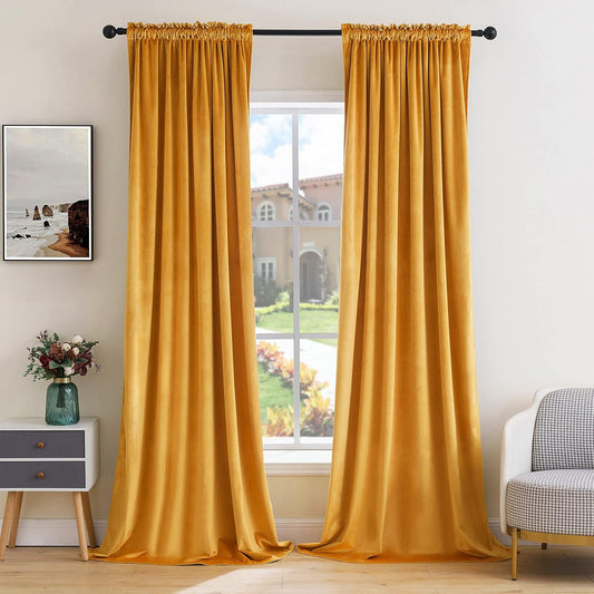 MIULEE Mustard Yellow Velvet Curtains Thermal Insulated Blackout Curtain Fall Drapes for Bedroom Living Room Darkening 96 Inches Long Curtains Panels Rod Pocket Set of 2