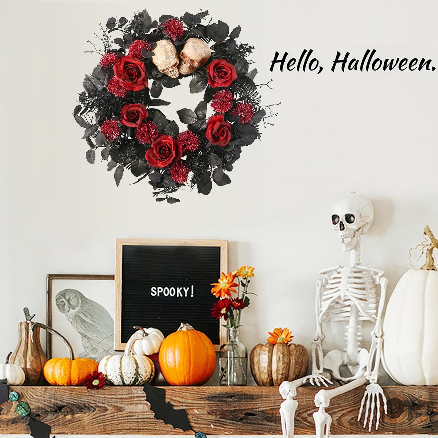 20" Halloween Wreaths for Front Door, Black Eucalyptus Leaves with Glitters, Red Roses, Skull, Gothic Wreath Horror Room Decor