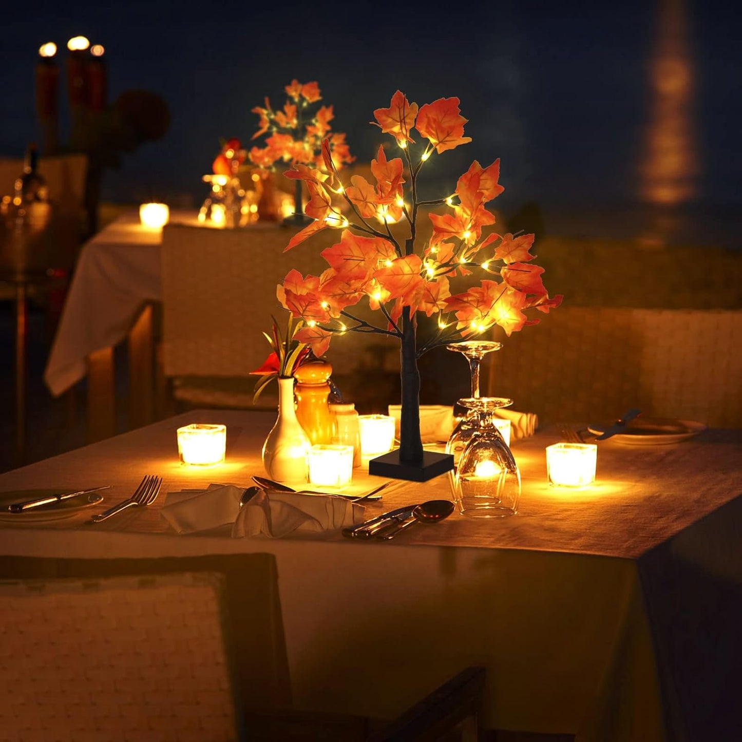 2 Pack Fall Lighted Maple Tree 48 LED Lights Thanksgiving Decoration Artificial Tree Lights 20 inch Battery or USB Powered DIY Table Light for Desktop Autumn Harvest Party Indoor Decor