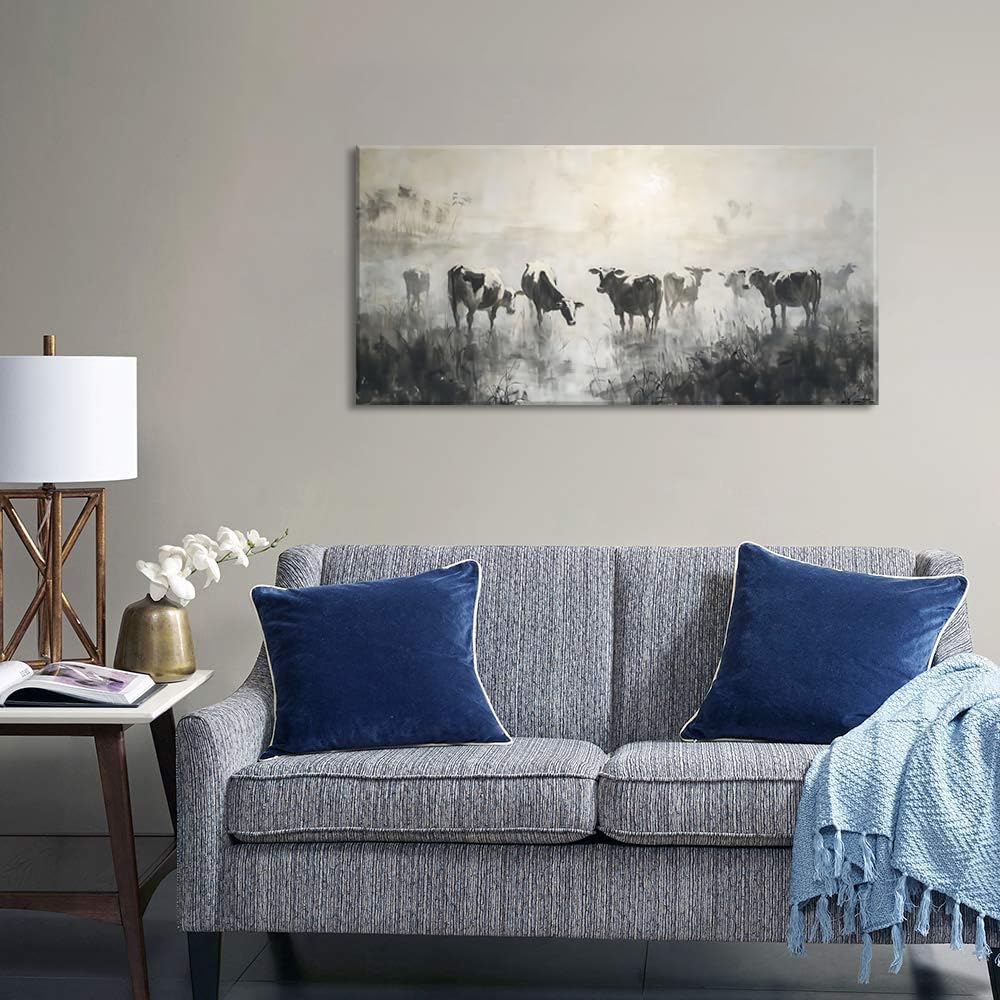 LASMOND Black and White Cow Wall Art for Living Room Ink Wash Canvas Painting Prints Morning Cattle Vintage Country Farmhouse Artwork Bedroom Office Decor (40x20 Inches)