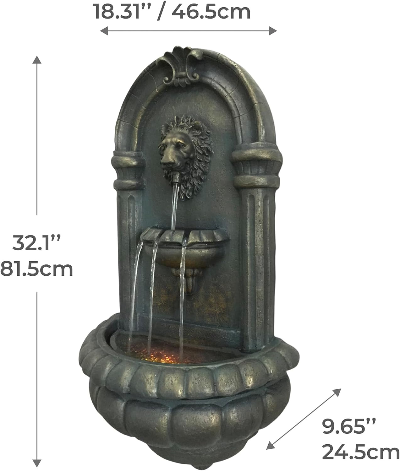 Teamson Home 32.1 in. Wall-Mounted Lion Head Stone LED Outdoor Water Fountain for Gardens, Landscaping, Patios, Balconies, Lawns to Create a Calming Oasis in Outdoor Living Spaces, Antique Bronze