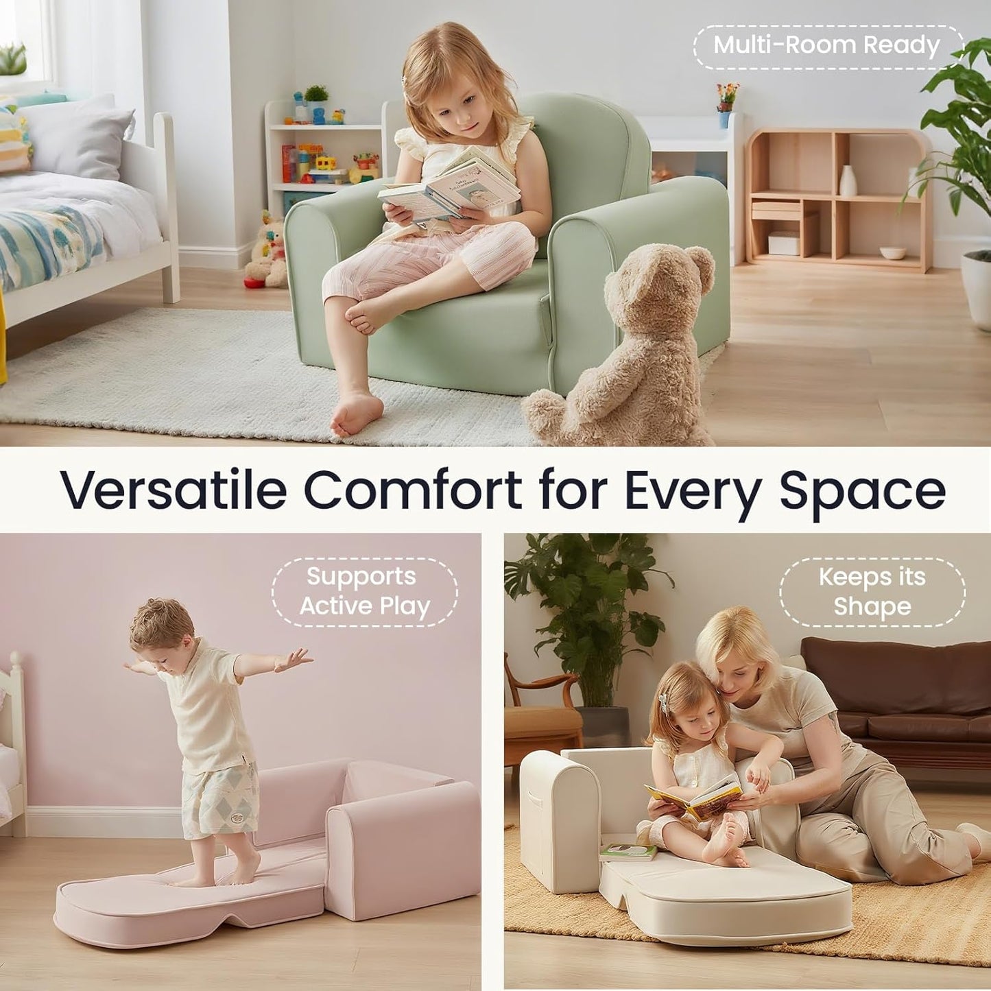 Tiny Land 2-in-1 Foldable Kids Couch with Pockets – Soft Thick Toddler Sofa, Lounger Couch, Convertible Kids Chair for Playroom, Bedroom or Living Room, Gift for Boys & Girls(Green)