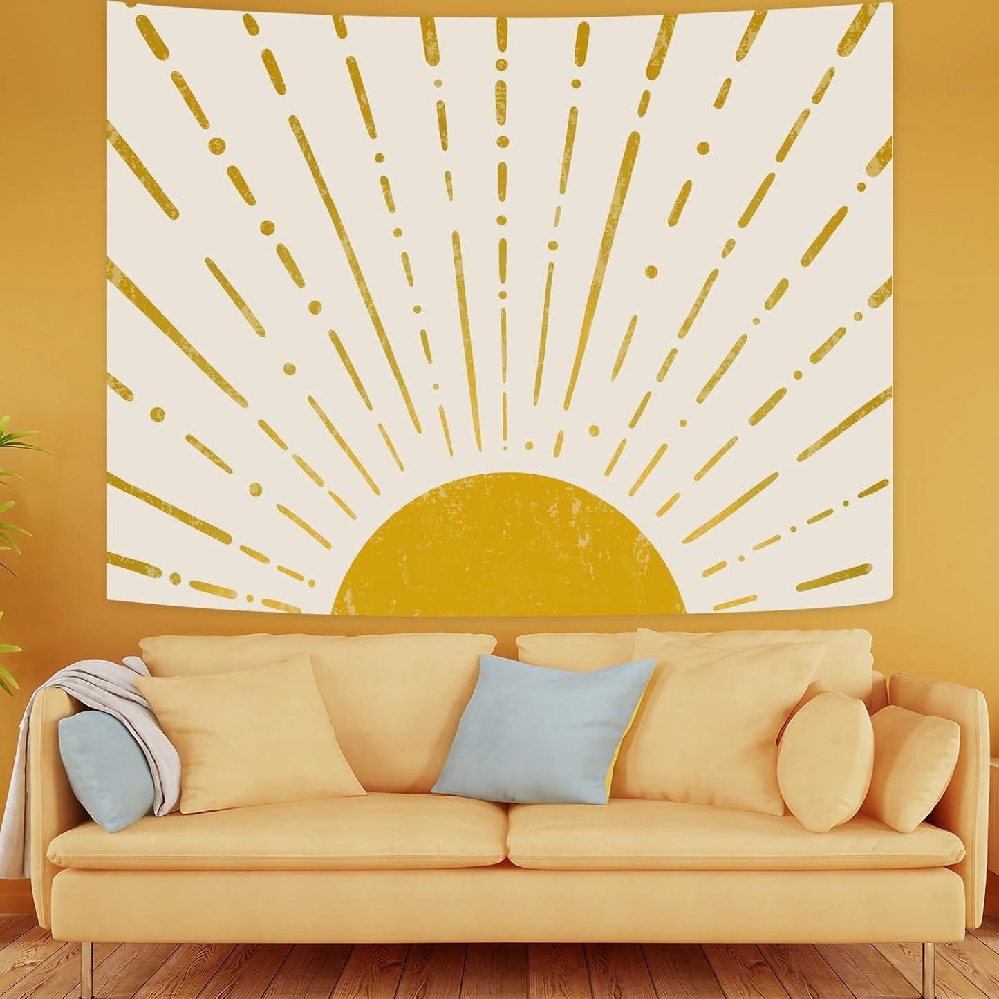 Kanuyee Gold Boho Burning Sun Tapestry Wall Hanging, Retro 70s Abstract Vintage Geometric Line Sunrise Tapestries for Bedroom Living Room Backdrop 36×48 inch