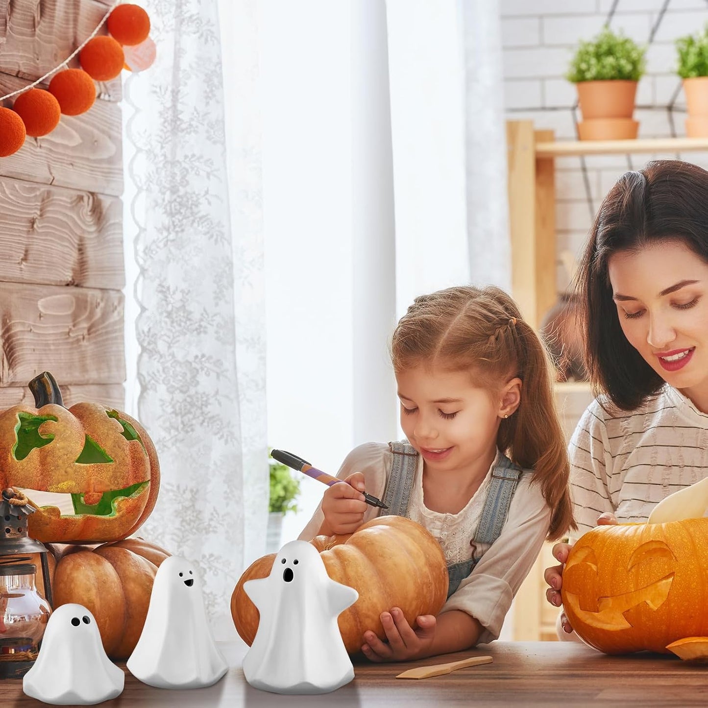 Domensi 9 Pcs Halloween Ceramic Ghost Figurines with LED Lights, Large 5.12 White Spooky Ghost Sculpture Statue Cute Halloween Miniatures for Gifts Centerpiece Table Mantel Collections Decorations