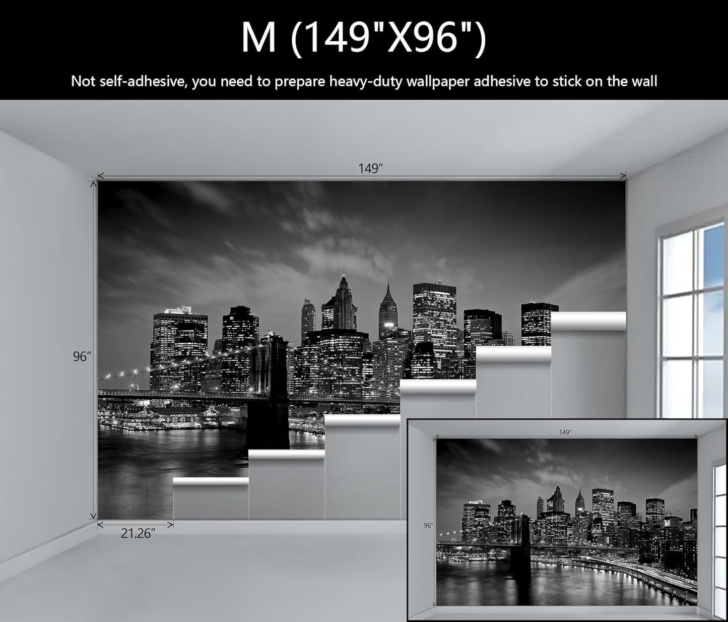 WFBHUA-Brooklyn Bridge Wall Mural Black New York City Landscape Photo Wallpaper for Living Room Bedroom(Not Peel and Stick)