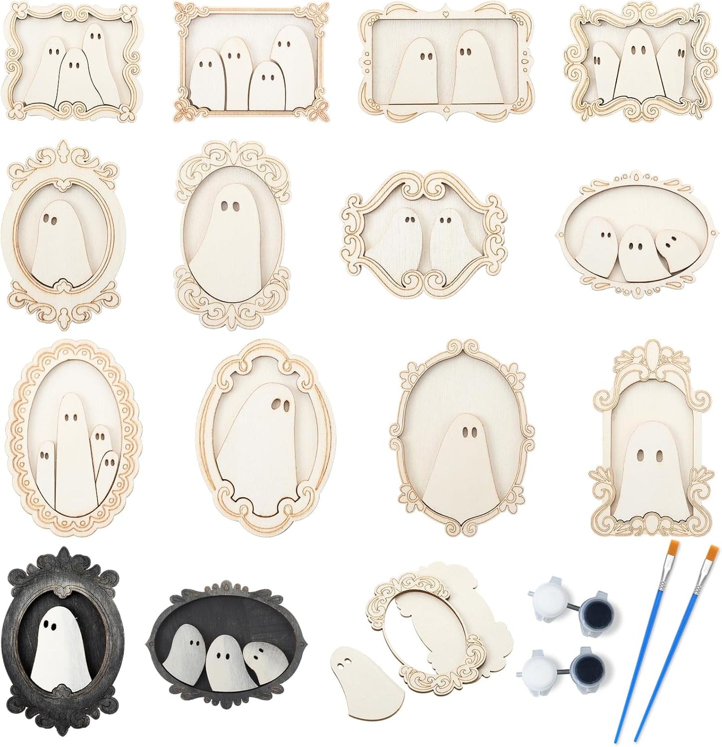 12 Set Wood Ghost DIY Frames Decorating Craft with Paint and Brush Unfinished Wooden Gift Ornaments Cute Ghost for Halloween Craft Art Party Supplies, Not Include Glue (Cute Style)