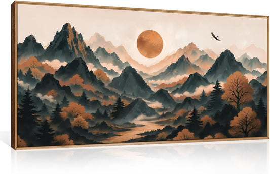 Large Boho Mountain Framed Canvas Wall Art Set, Brown Ridge Landscape Wall Decor, Pine Tree Scenery Wall Painting, Abstract Wilderness Art Print for Living Room, Bedroom, Office - 20X40