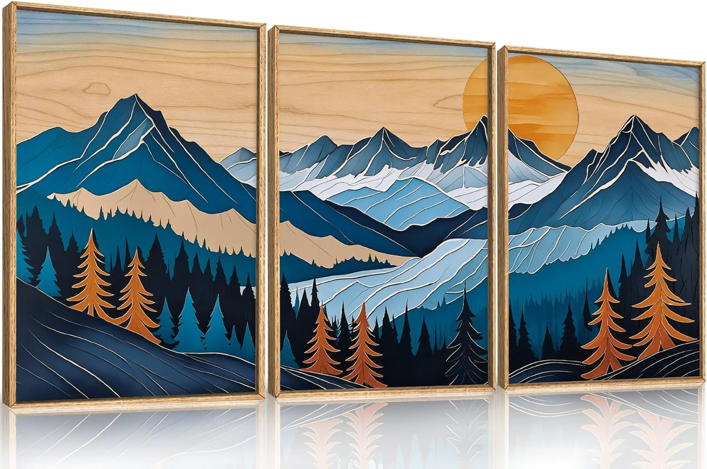 Celestdeco Blue Woodcut Mountain Framed Canvas Wall Art Set, Boho Abstract Ridge Wall Decor, Pine Tree Landscape Wall Painting, Sunrise Forest Art Print for Living Room, Bedroom, Office - 24"X36"X3