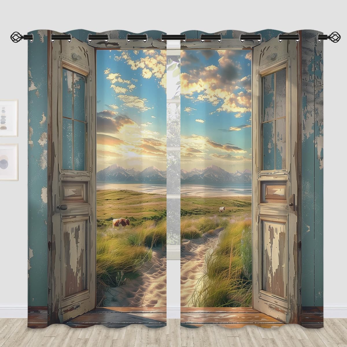 Landscape Blackout Curtains for Girls Boys Home Decor, Cow Sunset Grassland Mountain Natural Scenery Grommet Thermal Insulated Drapes Darkening Window Curtain for Bedroom Living Room, 84 x 84 Inch