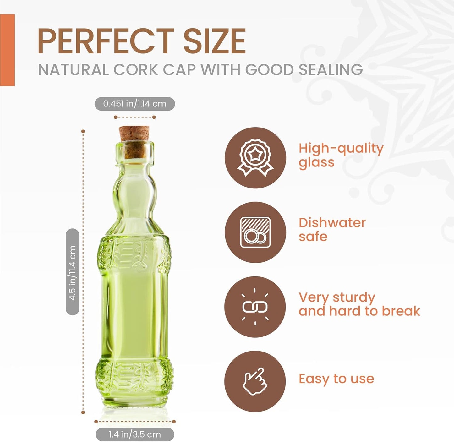 Small Mini Green Vintage Glass Bottles with Corks, Mini Vases, Decorative, Potion, Assorted Design Set of 12 pcs, 4.6 Inch Tall (11.43cm), 1.4 Inch Wide (3.56cm)