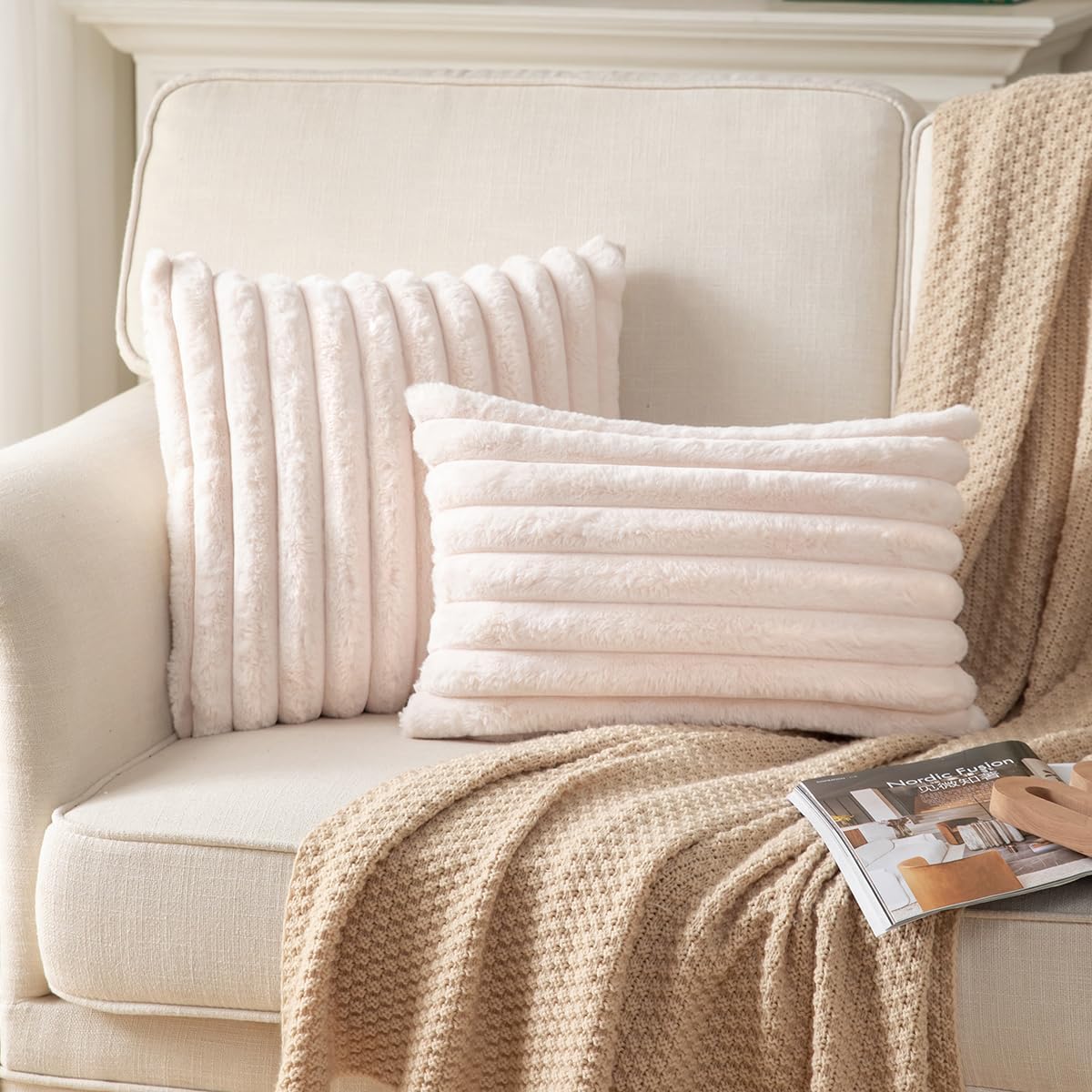 DEELAND Pack of 2,Double-Sided Faux Fur Plush Decorative Throw Pillow Covers Fuzzy Striped Soft Pillowcase Cushion Covers for Sofa Couch Bedroom Beige 12x20 inch