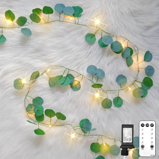 suddus Vines with Lights Plug in, 33ft 100 LED Eucalyptus Garland String Light Connectable with Remote, Leaf Lights for Bedroom, Room, Wall, Garden, Party, Wedding Decor (Warm White)