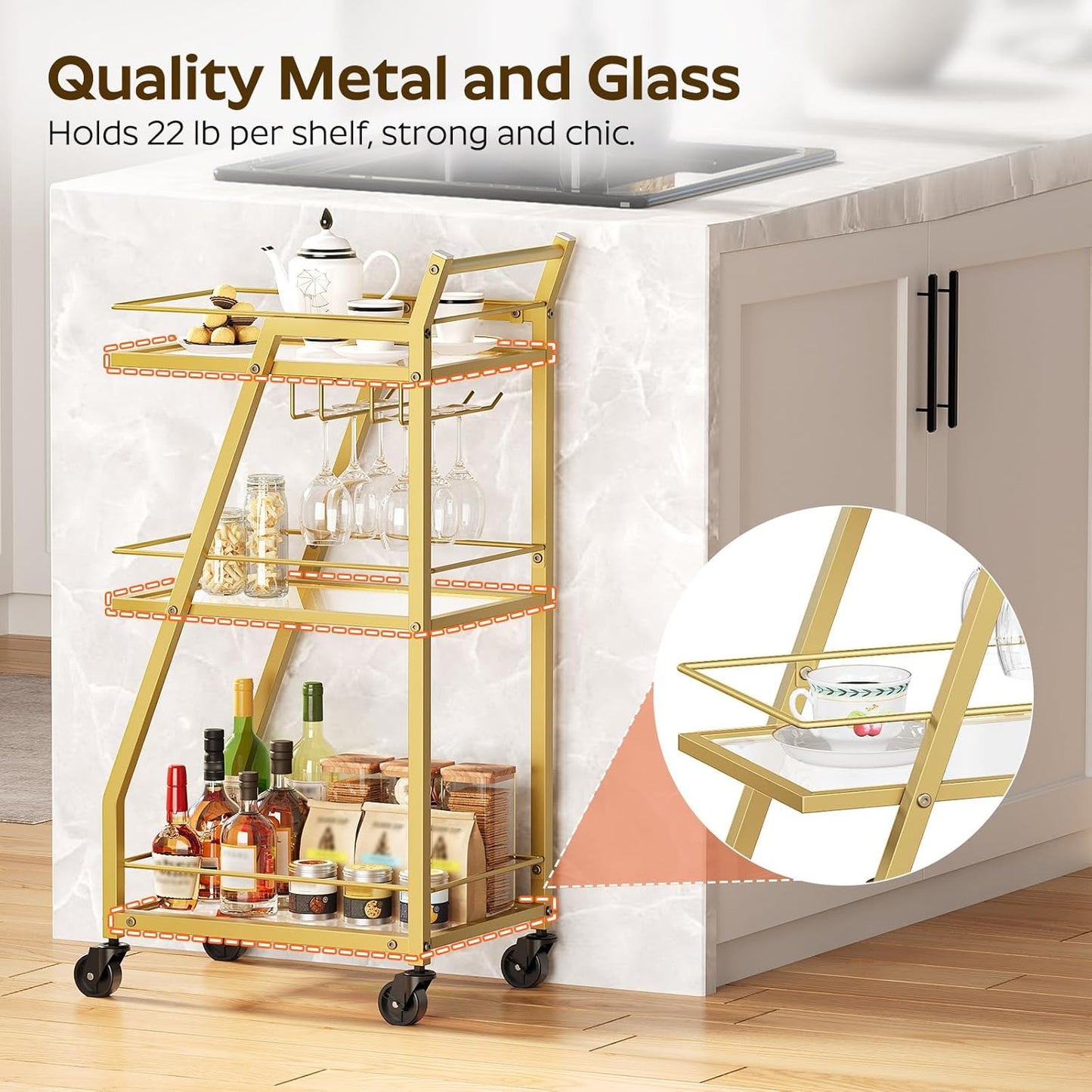Bar Cart, 3-Tier Bar Cart for The Home, Home Bar Serving Cart with Glass Holders, Beverage Cart for Kitchen, Dining, Party Room, Gold BC03GD