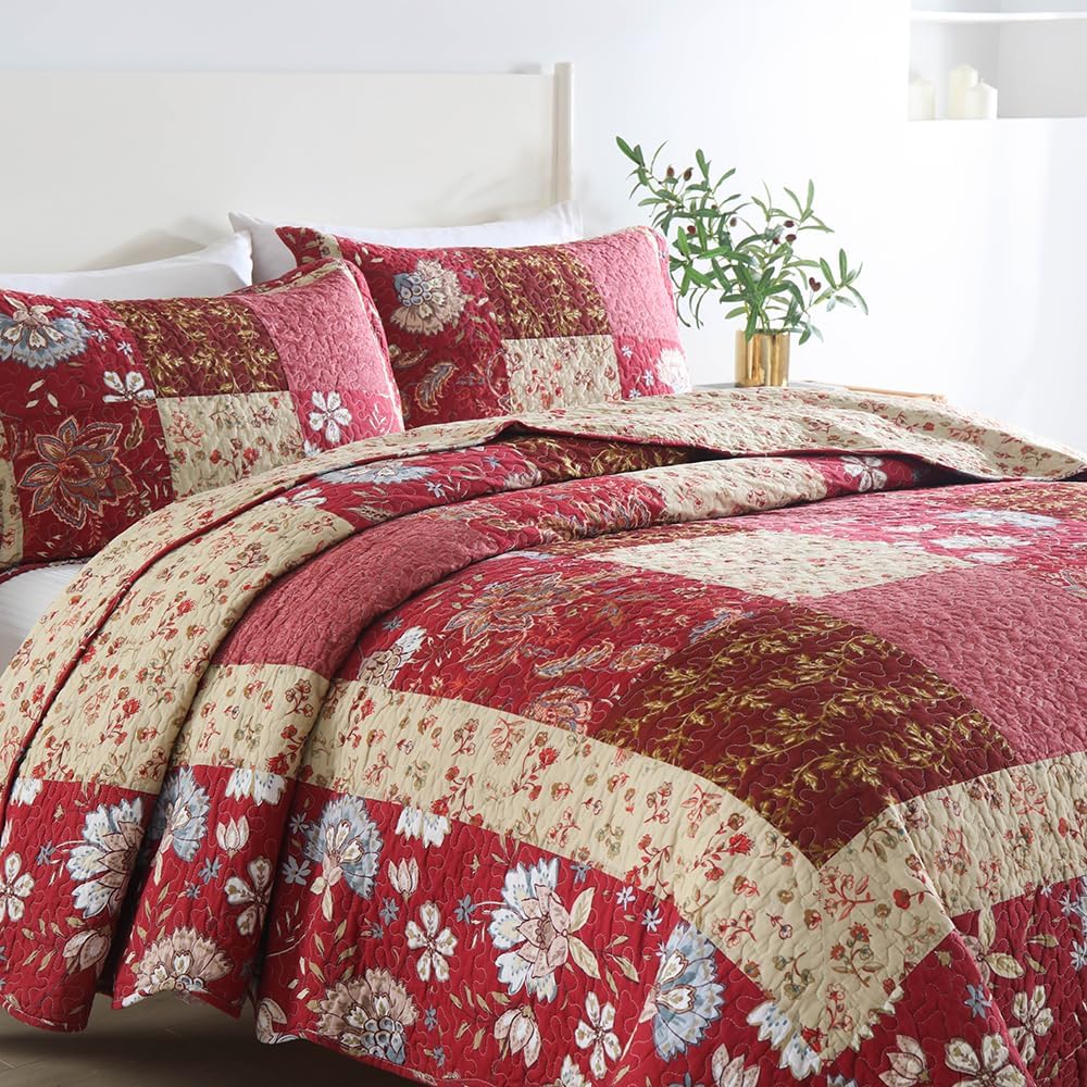 Cotton Bedspread Quilt Bedding Sets 3 Pieces Reversible Coverlet Sets Comforters Vintage Floral Patchwork Purple Red Bedspread, Queen Size